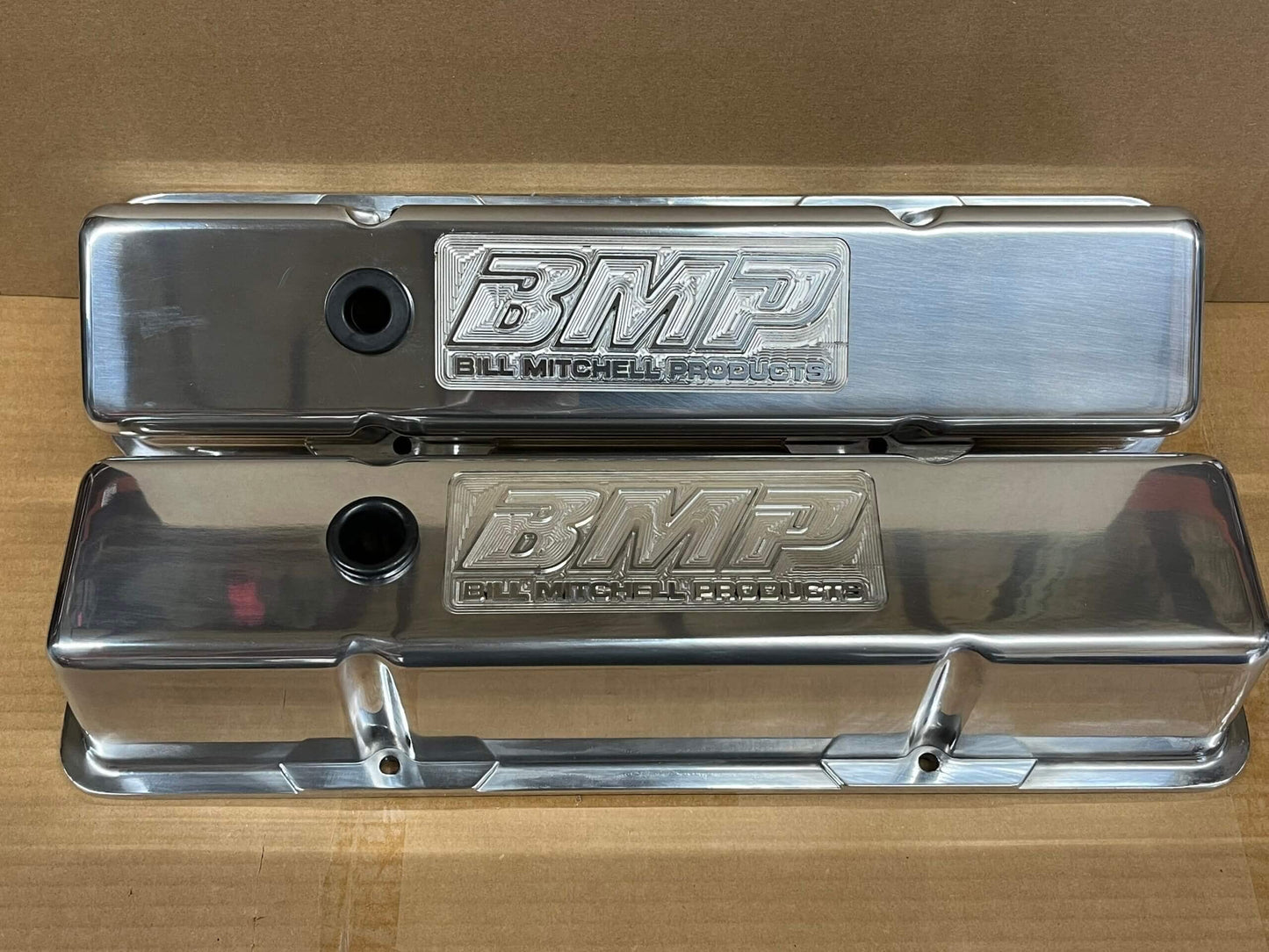 Bill Mitchell Products 70900BMP - Valve Covers Chevy Small Block Diecast polished Tall BMP Logo