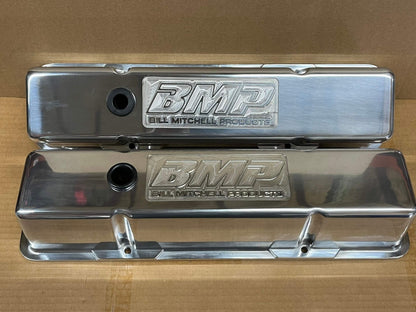 Bill Mitchell Products 70900BMP - Valve Covers Chevy Small Block Diecast polished Tall BMP Logo