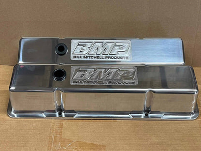 Bill Mitchell Products 70900BMP - Valve Covers Chevy Small Block Diecast polished Tall BMP Logo